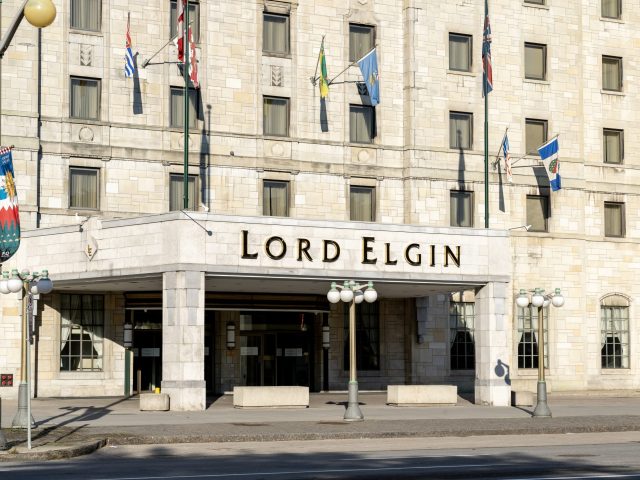 Ottawa, Ontario, Canada - August 8, 2020: Lord Elgin Hotel entrance is shown in Ottawa, Ontario, Canada. Lord Elgin Hotel is one of the most centrally located downtown Ottawa luxury hotels.